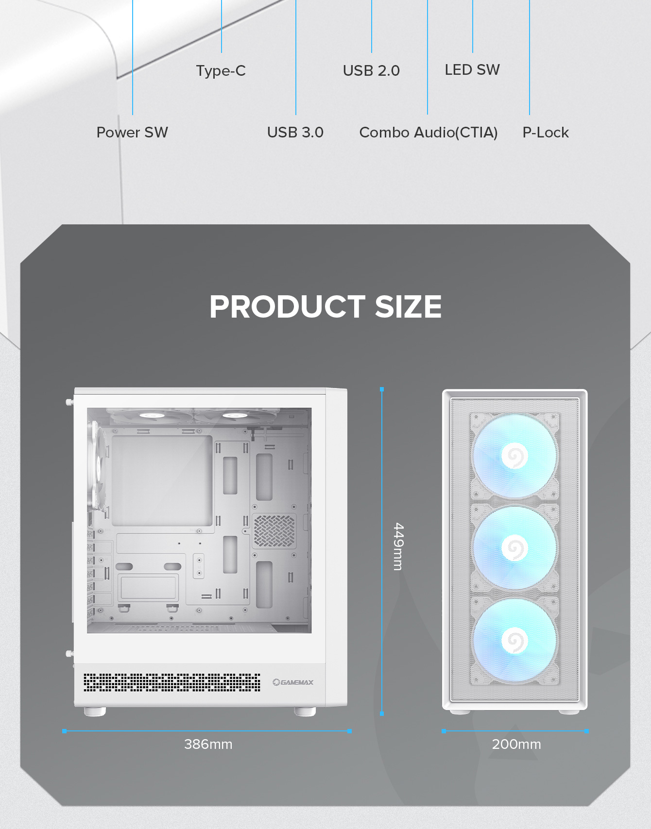 Gamemax ATX Computer case, 6x ARGB fan wh
