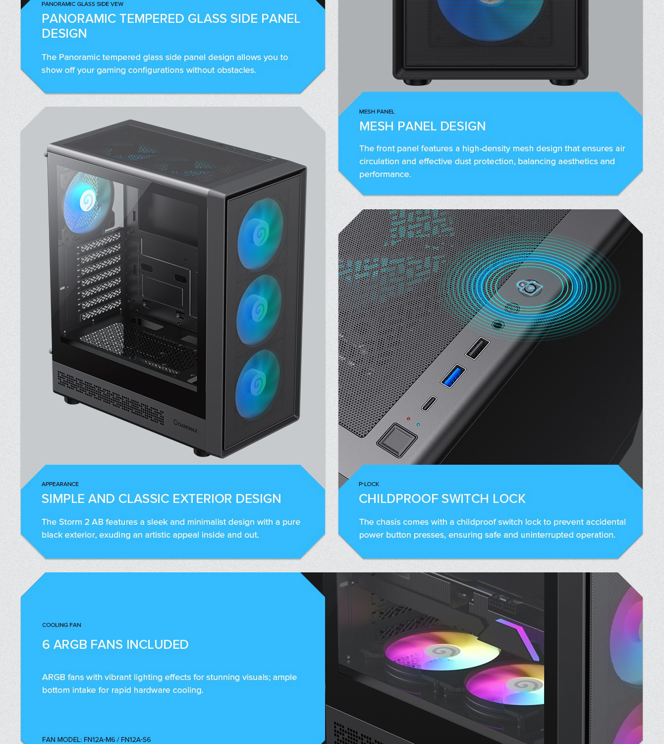 Gamemax ATX Computer case, 6x ARGB fan bk