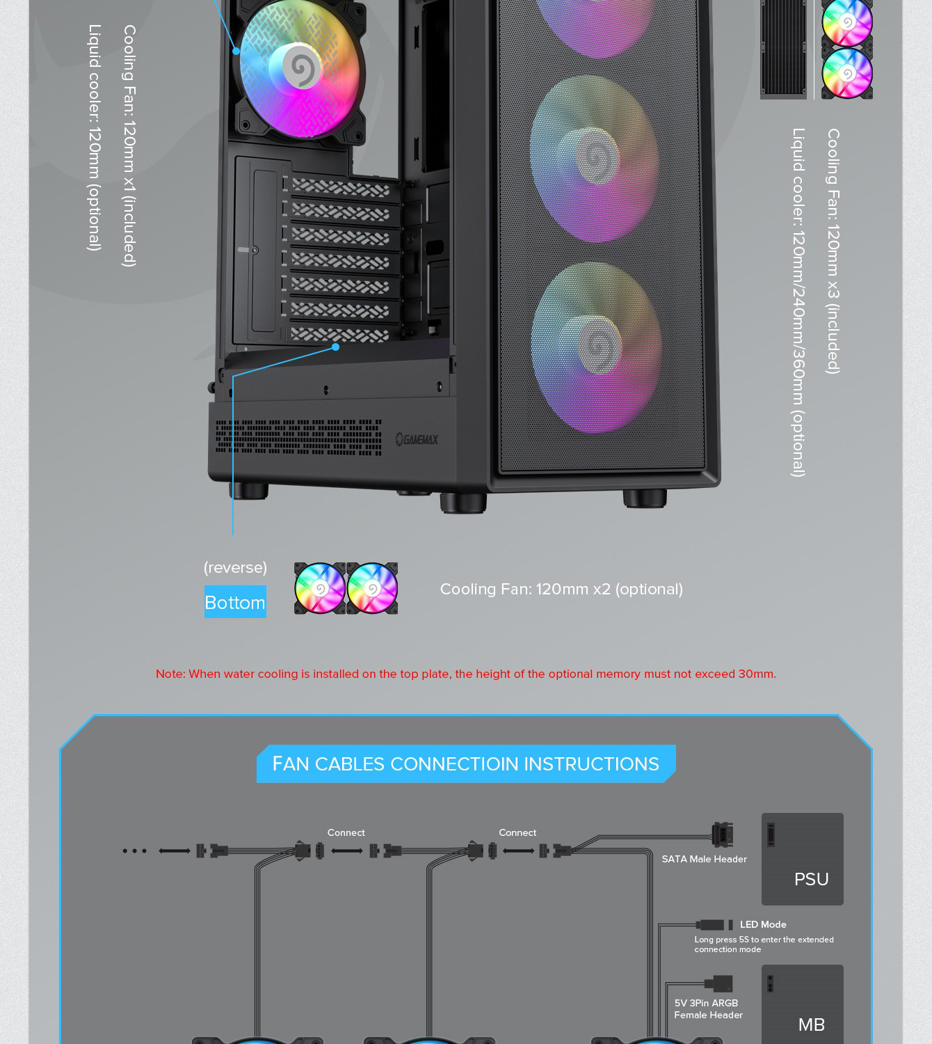 Gamemax ATX Computer case, 6x ARGB fan bk