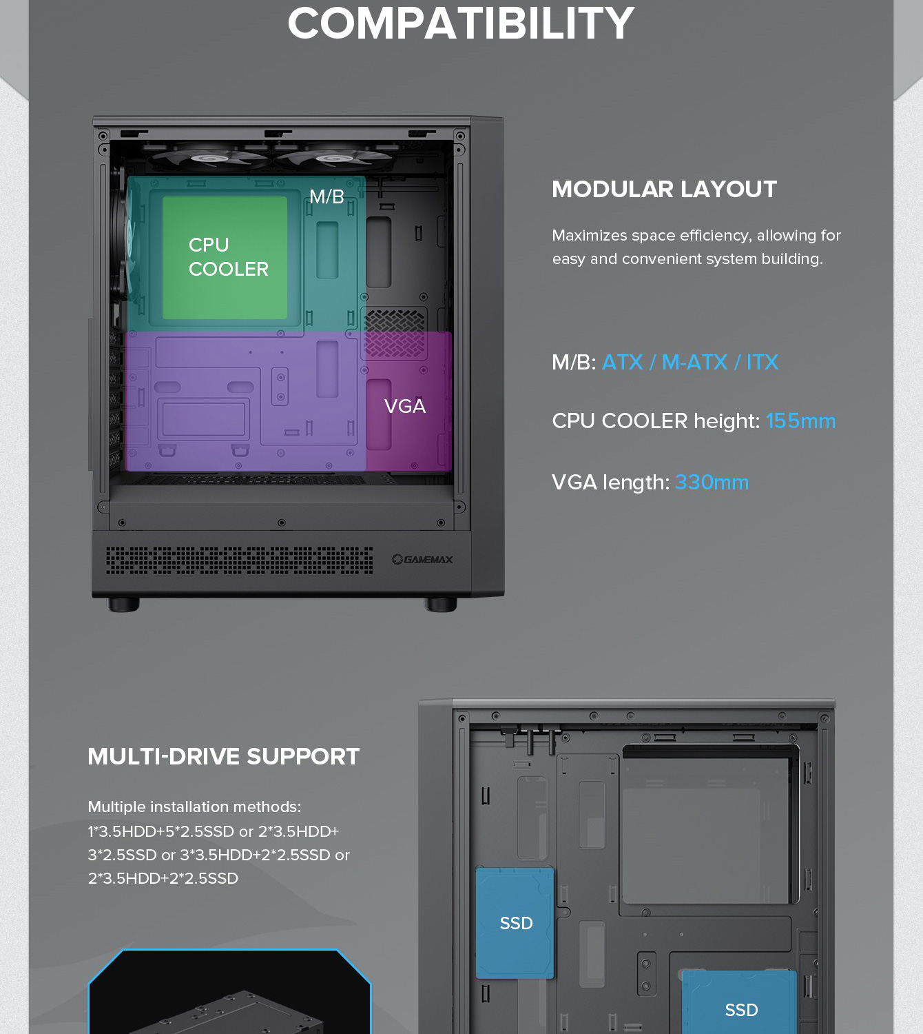 Gamemax ATX Computer case, 6x ARGB fan bk