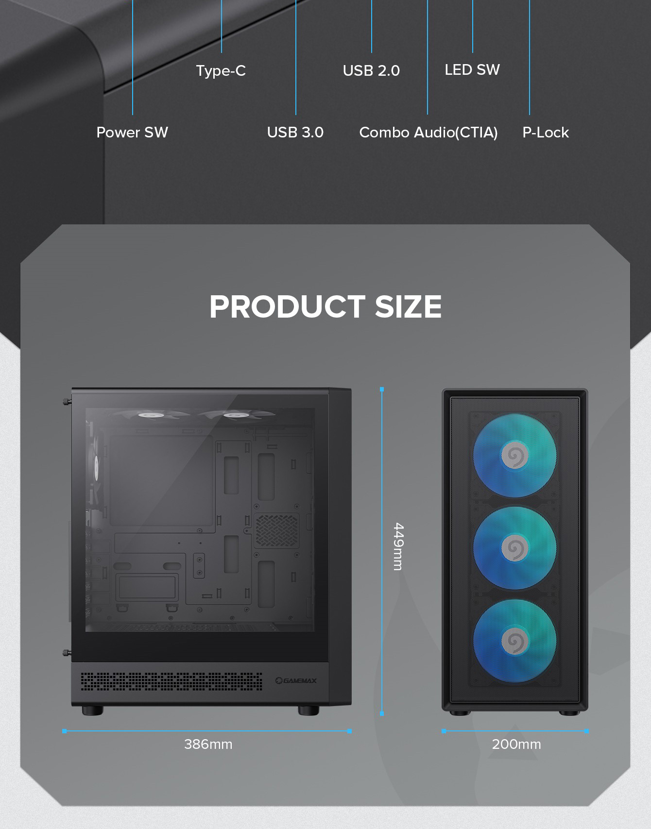 Gamemax ATX Computer case, 6x ARGB fan bk